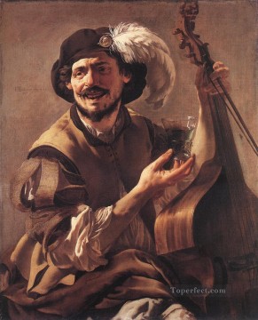  bajo Pintura - Un bravo risueño con una viola baja y un vaso Pintor holandés Hendrick ter Brugghen